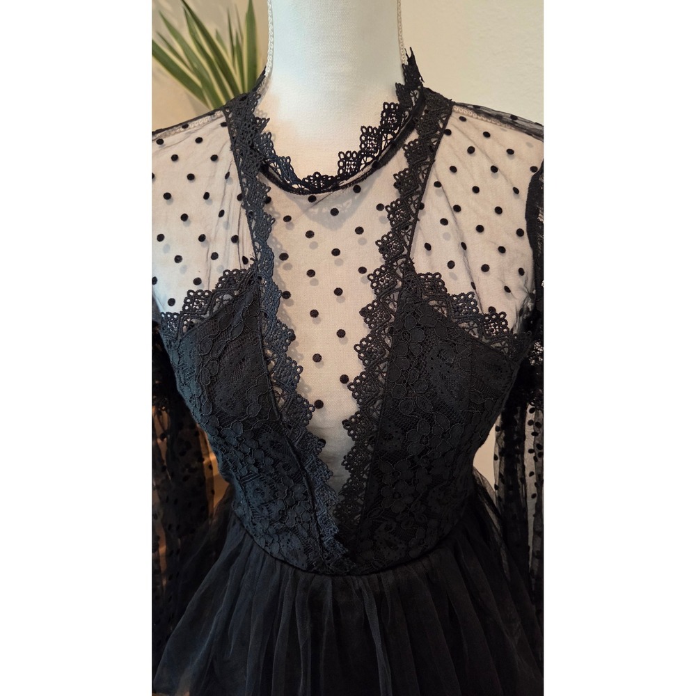 Giffniseti Lace Tulle Tiered Maxi Dress Sheer Polka Dot Gothic Black Gown Small - Picture 3 of 12